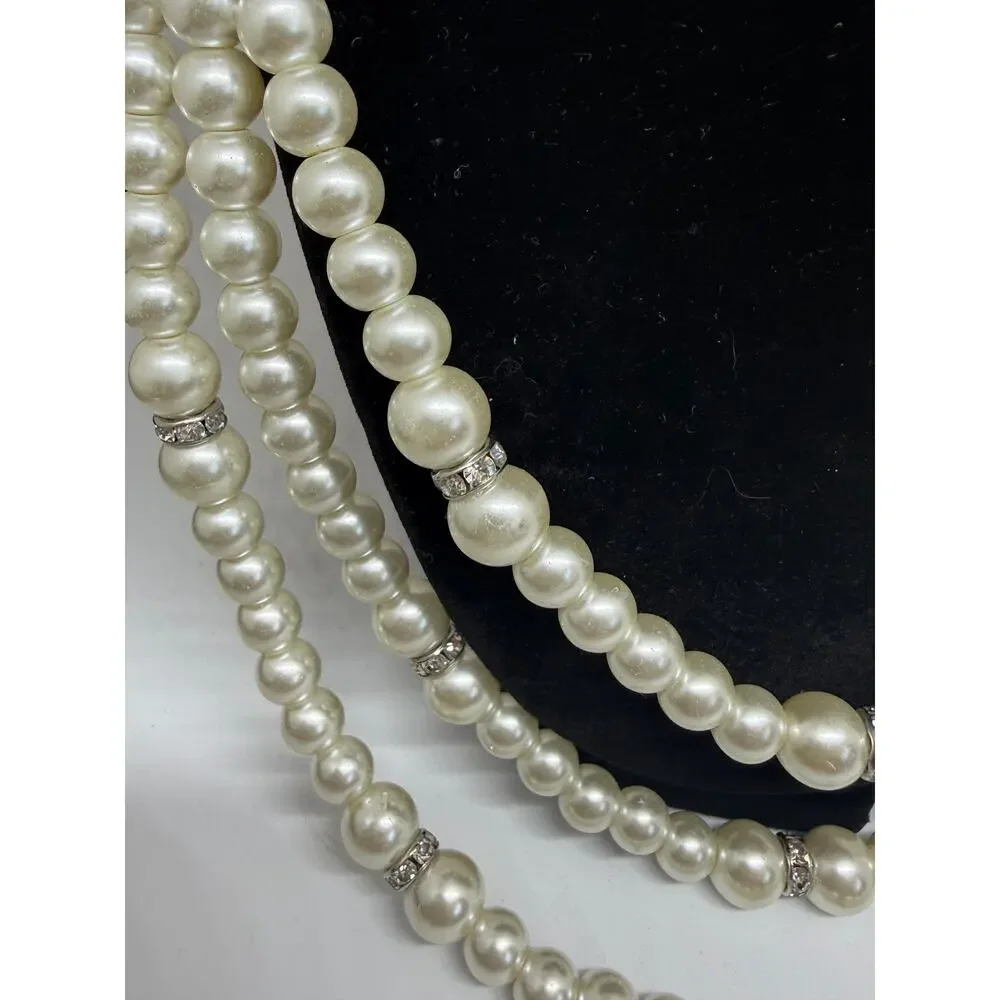 Triple Strand Faux Pearls Rhinestone Statement Necklace Layered Wedding Coquette